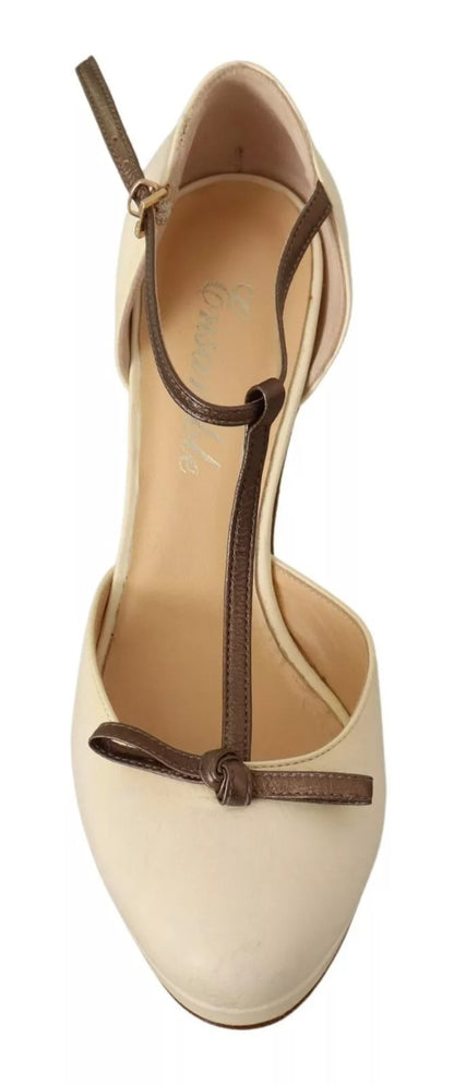 SERGIO LEVANTESI Beige T-Strap Block Heels Pumps Leather Shoes