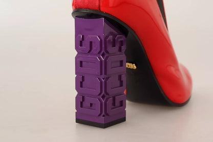 GCDS Red Leather Black Fabric Logo Heel Ankle Boots Shoes