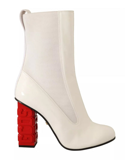GCDS White Leather Fabric Red Logo Heel Ankle Boots Shoes