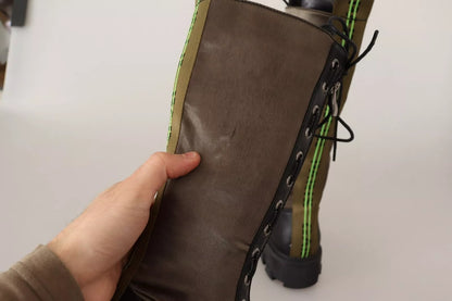 Gaelle Black Green High Combat Boots Lace Up Military Shoes