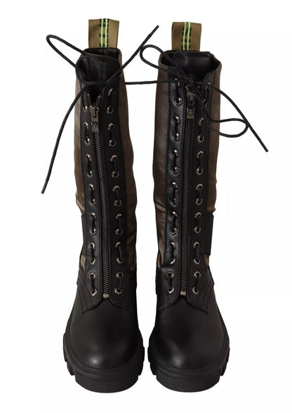 Gaelle Black Green High Combat Boots Lace Up Military Shoes