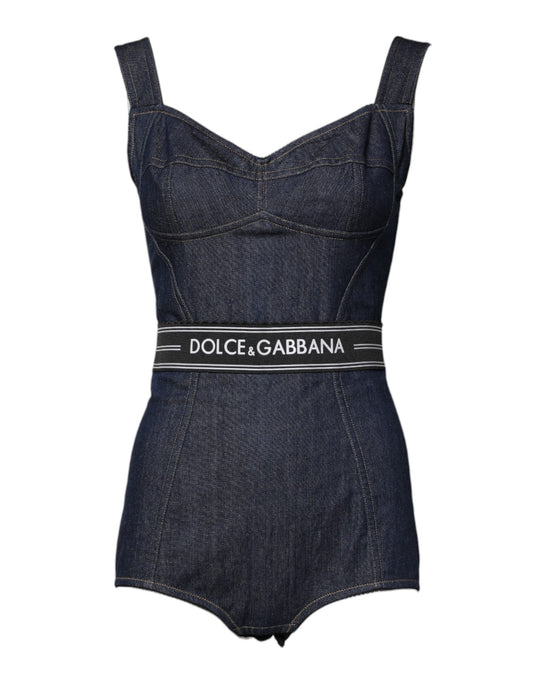 Dolce & Gabbana Blue Cotton Stretch Sleeveless Bodycon Denim Bodysuit