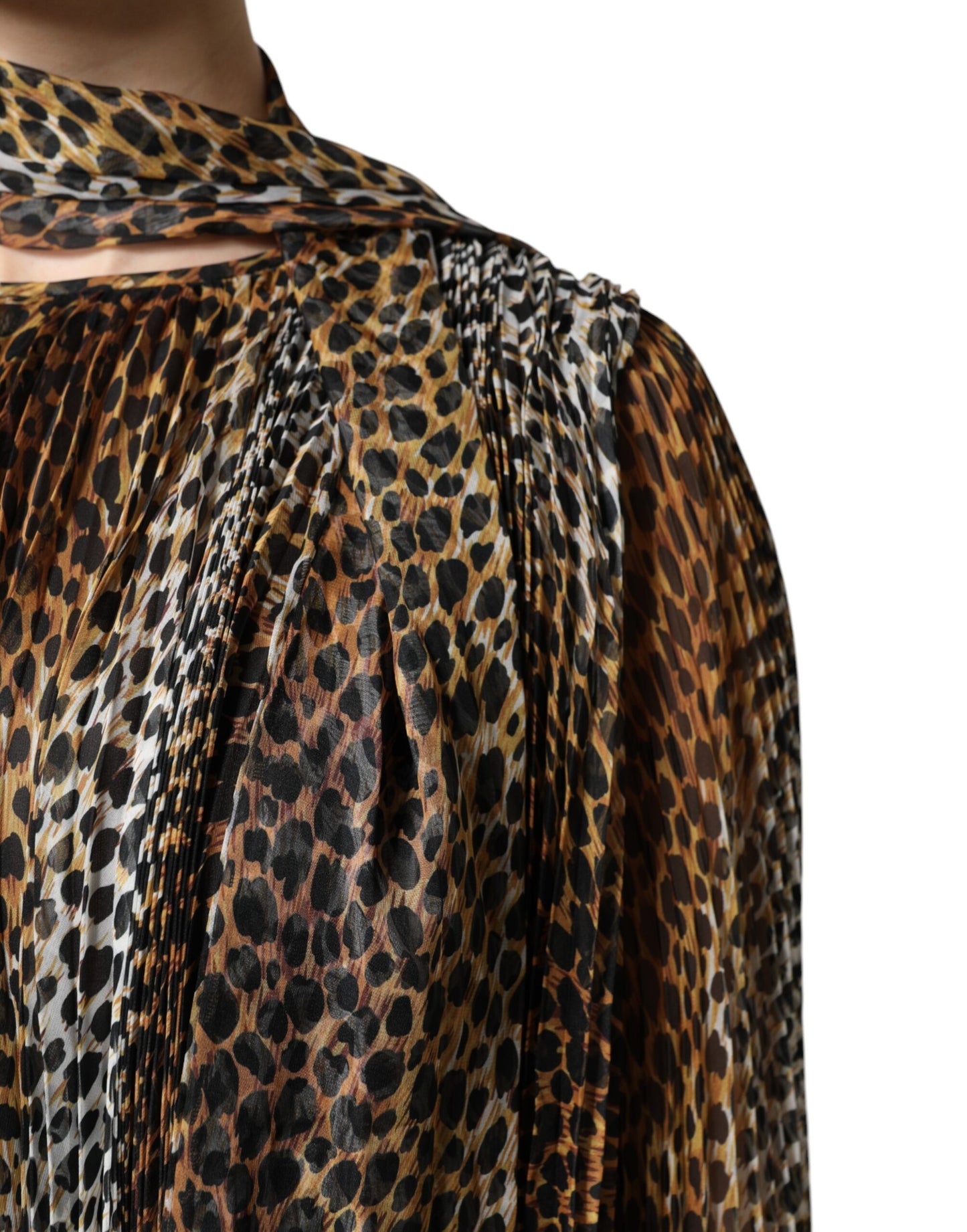 Dolce & Gabbana Brown Leopard Print Scarf Collared Chiffon Dress