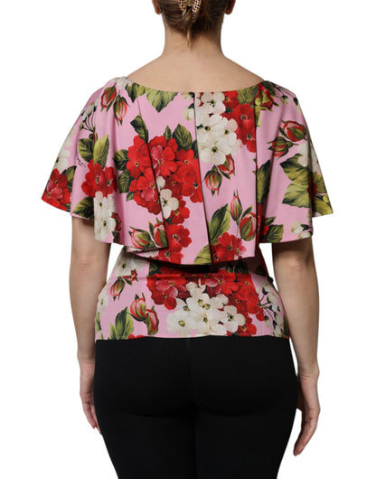 Dolce & Gabbana Pink Floral Silk Short Sleeves Blouse Top