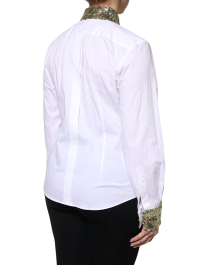 Dolce & Gabbana White Cotton Long Sleeves Sequin Shirt Top