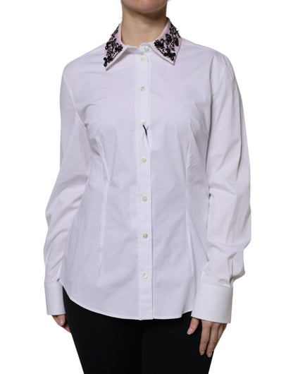 Dolce & Gabbana White Embellished Collared Dress Shirt Top