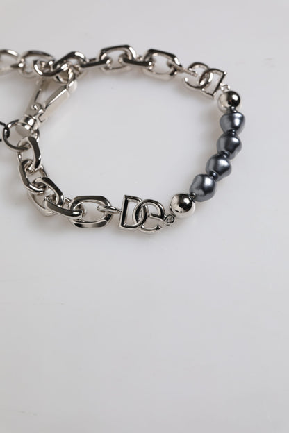Dolce & Gabbana Silver Tone Chain Lobster Clasp Logo Gray Pearls Bracelet
