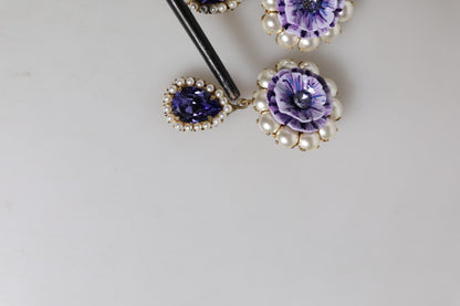 Dolce & Gabbana Purple Flower Pearl Teardrop Crystals Clip On Earrings