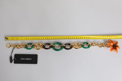Dolce & Gabbana Multicolor Gold Brass Orange Lily Floral Chain Necklace