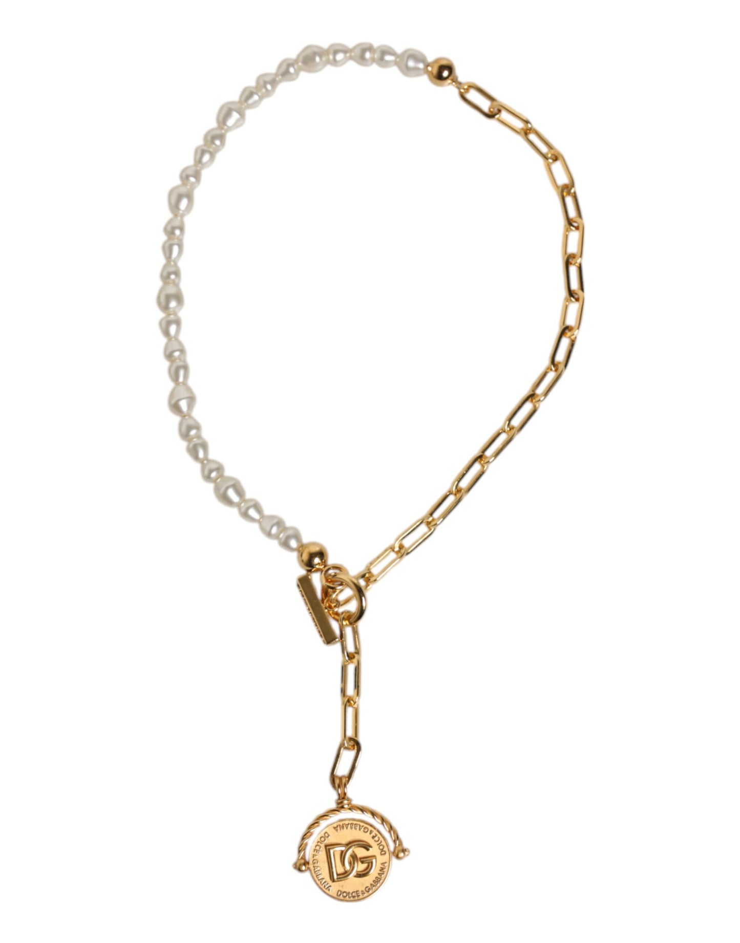 Dolce & Gabbana Gold Chain Brass Faux Pearl Charm Logo Pendant Necklace