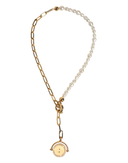 Dolce & Gabbana Gold Chain Brass Faux Pearl Charm Logo Pendant Necklace