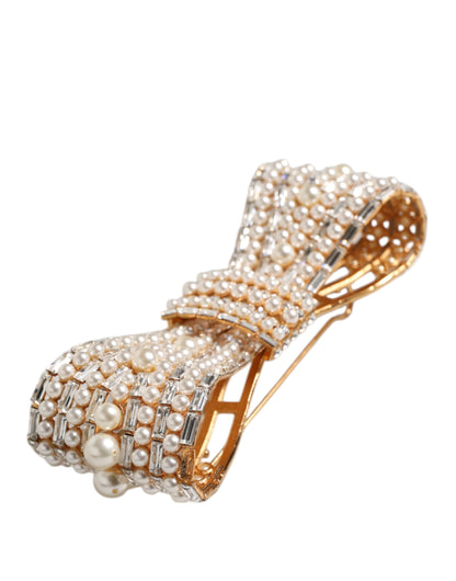 Dolce & Gabbana Gold Tone Brass Bow Crystal FauxPearl Embellished Brooch