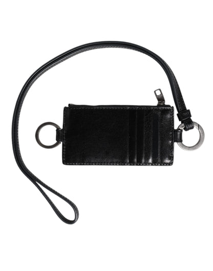 Dolce & Gabbana Black Leather Logo Embossed Lanyard Card Holder Wallet