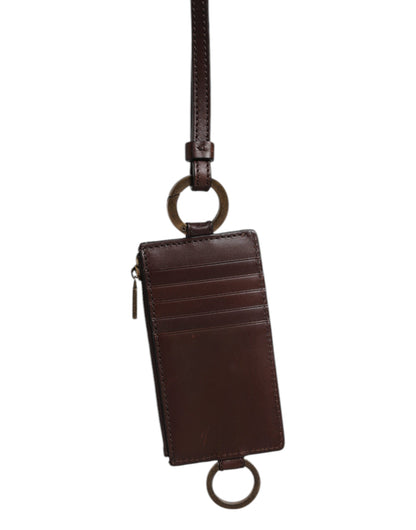Dolce & Gabbana Brown Calf Leather Lanyard Logo Card Holder Wallet