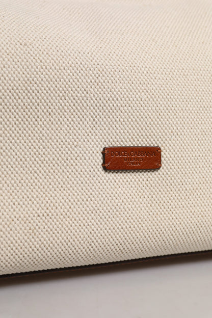 Dolce & Gabbana Beige Brown Cotton Leather Duffle Shoulder Bag