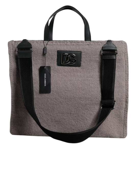 Dolce & Gabbana Grey Alpaca Wool Logo Plaque Tote Shoulder Bag