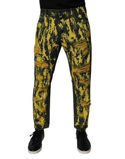 Dolce & Gabbana Black Yellow Tie Dye Tattered Skinny Men Denim Jeans