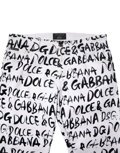 Dolce & Gabbana White Cotton Logo Print Skinny Denim Jeans