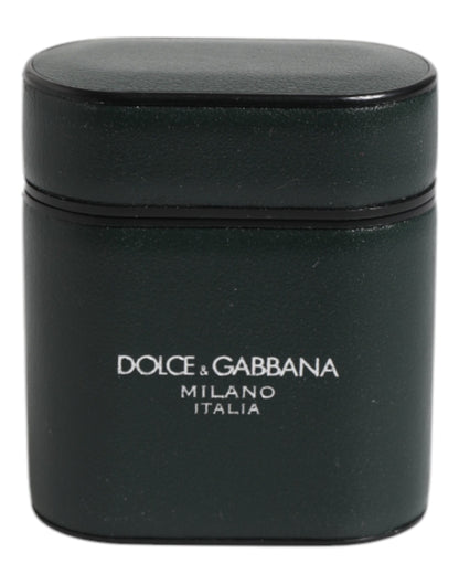 Dolce & Gabbana Green Calfskin Leather Logo Print Flip Holder Airpods Case