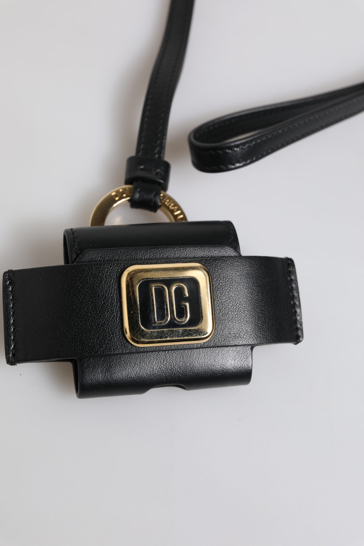 Dolce & Gabbana Black Leather Strap Gold Metal Logo Plaque Airpods Case