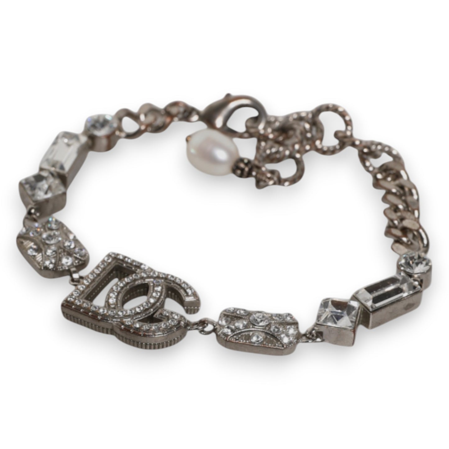 Dolce & Gabbana Silver Brass Crystal DG Logo Charm Embellished Bracelet