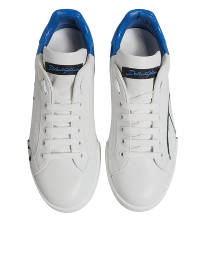 Dolce & Gabbana White Blue Leather Logo Low Top Sneakers Shoes