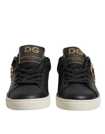 Dolce & Gabbana Black Leather Gold Red Heart Sneakers Shoes