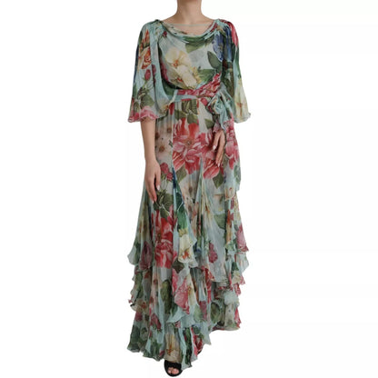 Dolce & Gabbana Blue Floral Print Tiered Long Maxi Dress