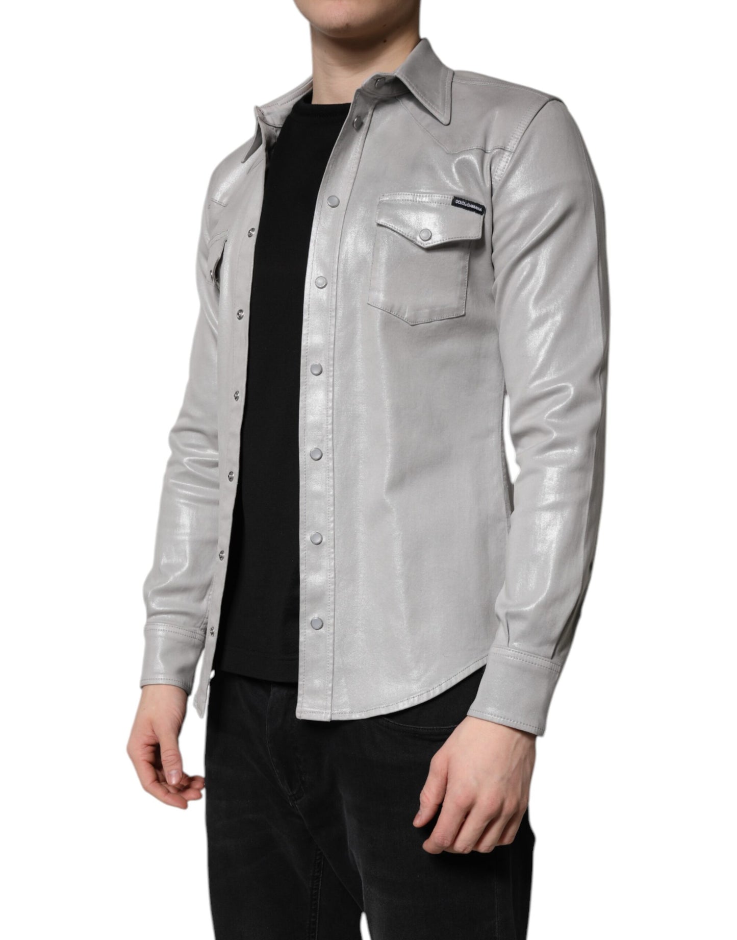 Dolce & Gabbana Metallic Gray Cotton Button Down Shirt