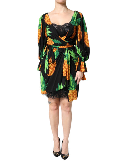 Dolce & Gabbana Black Silk Pineapple Draped Print Wrap Dress