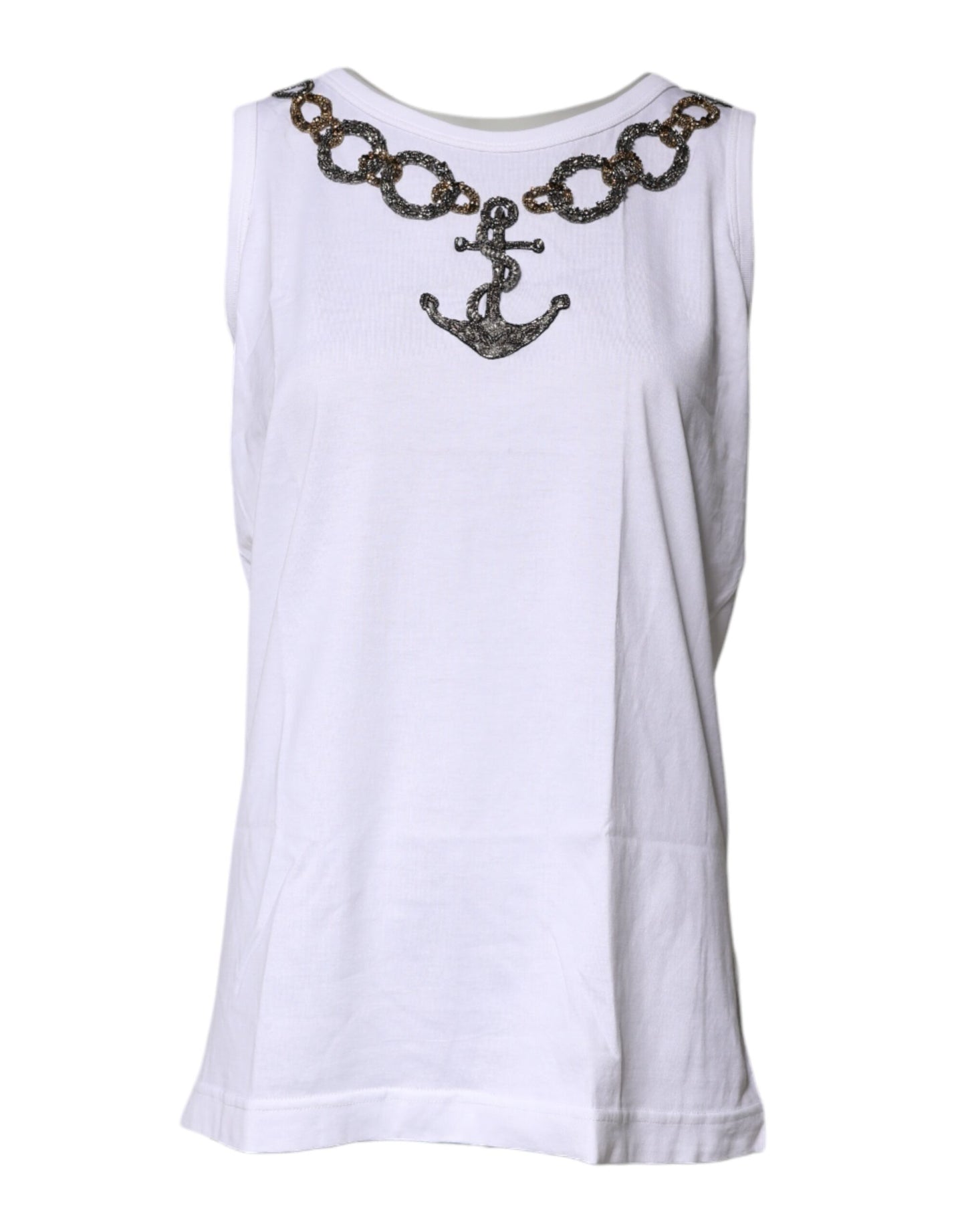 Dolce & Gabbana White Cotton Anchor Chain Embroidery Tank Top