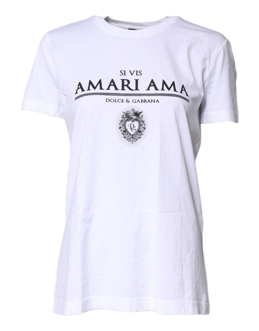 Dolce & Gabbana White Cotton Printed Round Neck Top T-shirt