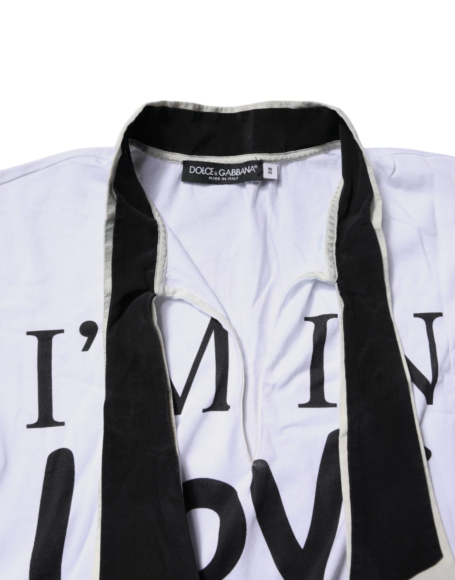 Dolce & Gabbana White Cotton Silk Blend Ascot Collar T-shirt