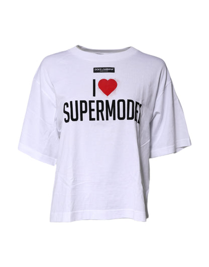 Dolce & Gabbana White Printed Round Neck Top Cotton T-shirt