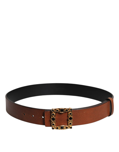 Dolce & Gabbana Brown Leather Gold Crystal Buckle Belt