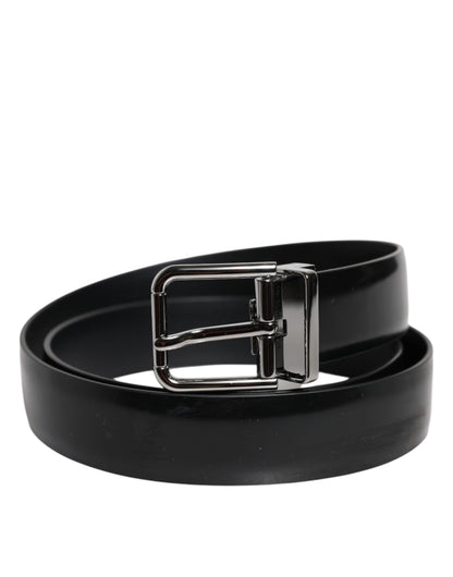 Dolce & Gabbana Black Shiny Leather Silver Metal Buckle Belt