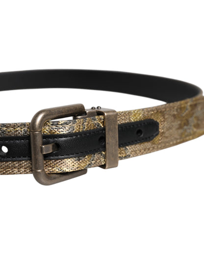 Dolce & Gabbana Gold Leather Jacquard Silver Metal Buckle Belt