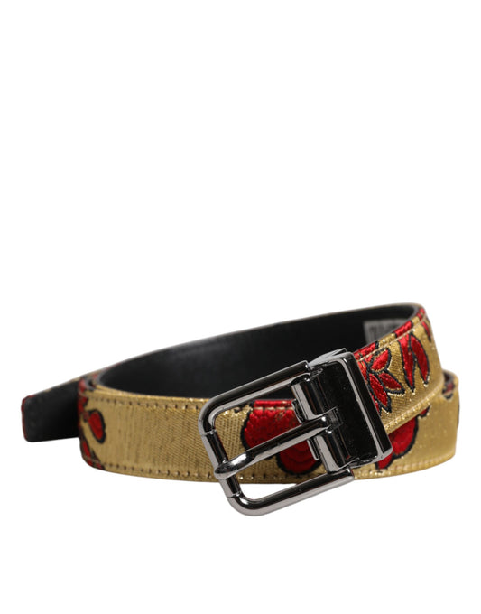 Dolce & Gabbana Gold Floral Jacquard Leather Metal Buckle Belt