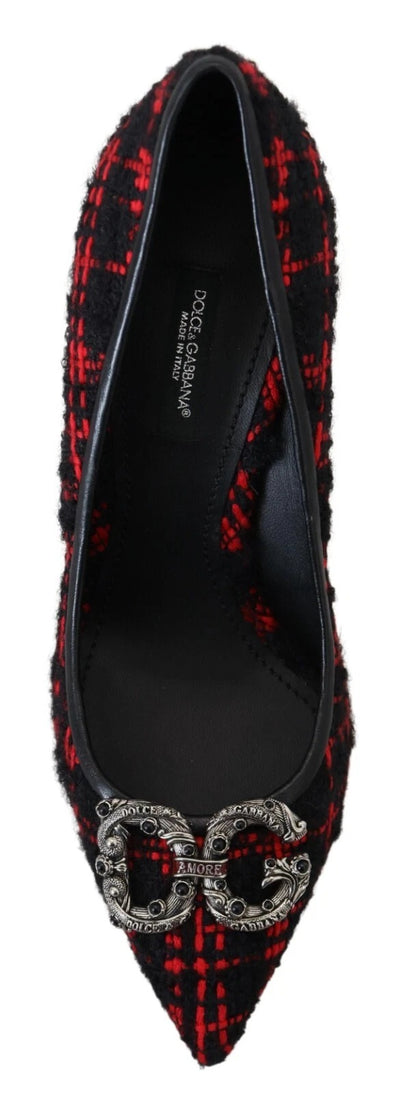 Dolce & Gabbana Red Black Tweed DG Amore Heels Pumps Shoes