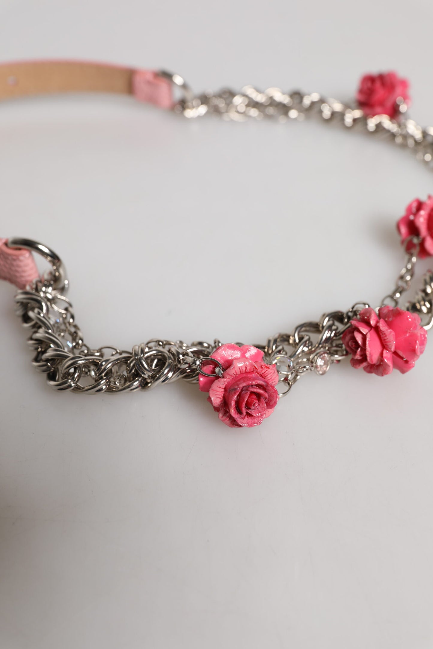 Dolce & Gabbana Pink Embelished Roses Textured Leather Belt