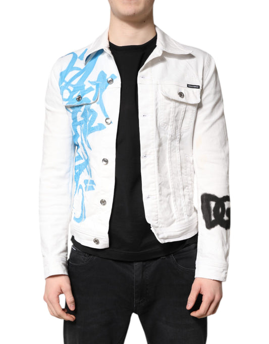 Dolce & Gabbana White Graffiti Cotton Stretch Denim Jacket