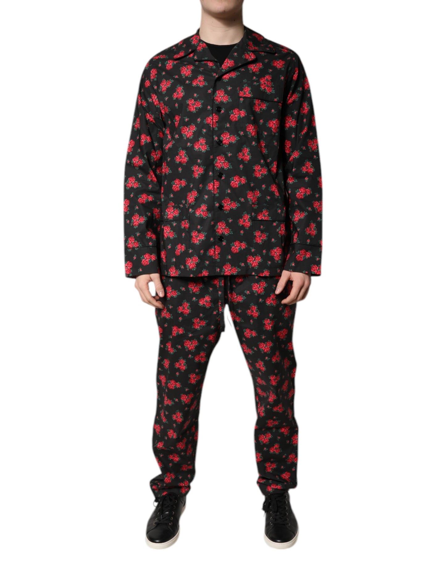 Dolce & Gabbana Black Floral Print Cotton Men Pajama Set Sleepwear