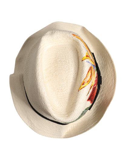 Dolce & Gabbana Beige Floral Print Straw Wide Brim Fedora Hat