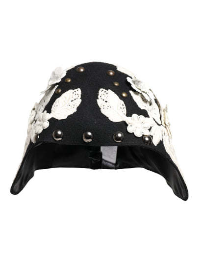 Dolce & Gabbana Black Wool White Floral Gold Leaf Cloche Hat