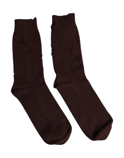 Dolce & Gabbana Brown Solid Cotton Stretch Mid Calf Socks