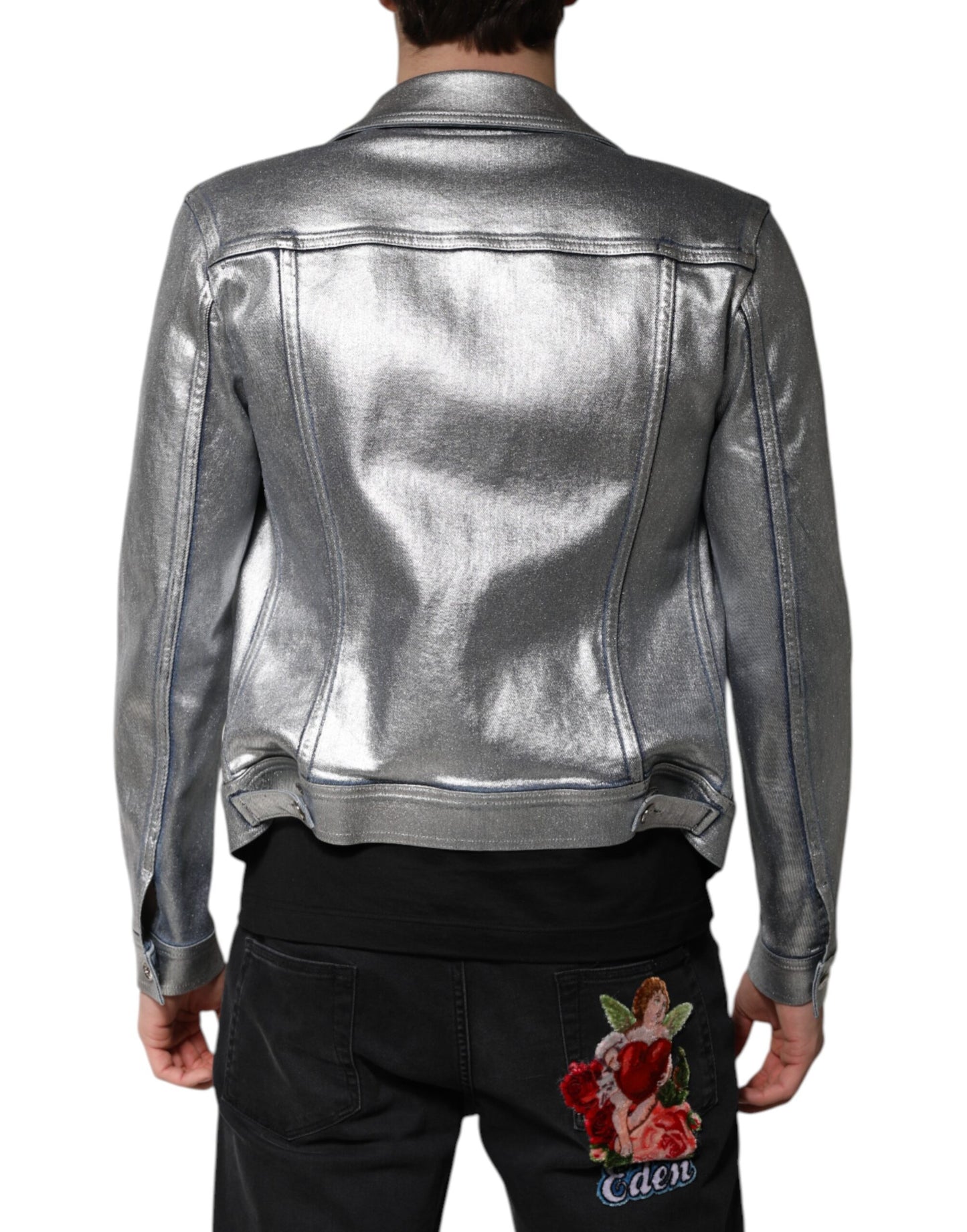 Dolce & Gabbana Silver Cotton Button Down Denim Biker Jacket
