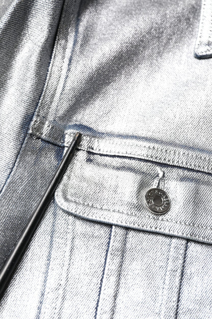 Dolce & Gabbana Silver Cotton Button Down Denim Biker Jacket