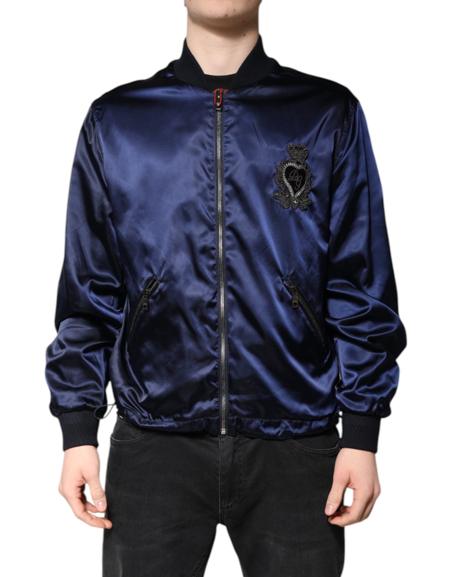 Dolce & Gabbana Blue Nylon DG Crown Full Zip Bomber Jacket