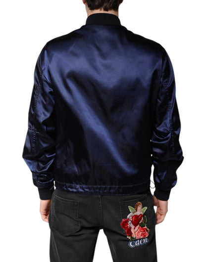 Dolce & Gabbana Blue Nylon DG Crown Full Zip Bomber Jacket
