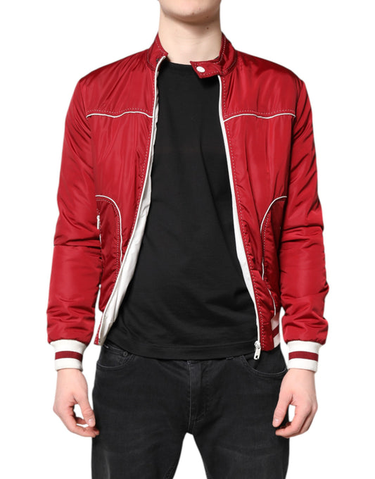 Dolce & Gabbana Red White Nylon Full Zip Men Bomber Jacket